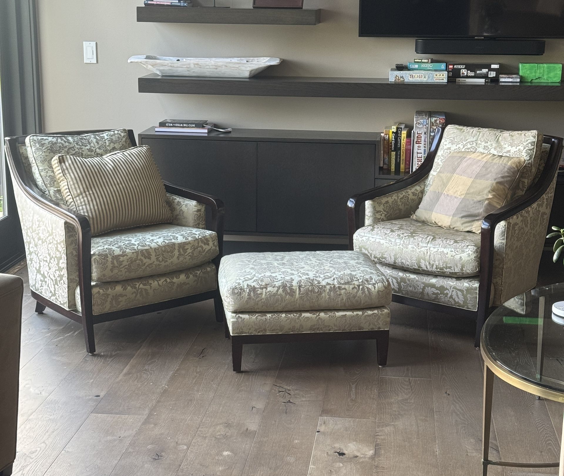 Baker 3 Piece Chair and Ottoman Set, Green and Gold Leaf Nancy Corzine Fabric