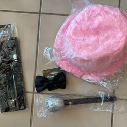 Dress up Costume - Pink Feather Top Hat, Glittery Microphone, Black Bow Tie & Black Suspenders