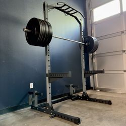 Brand New Squat Rack Power Cage + 260 Lb Olympic Bumper Weight Plate Set + Barbell , Home Gym Equipment 