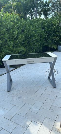 Modern Glass Top Desk with Built-In Charging Ports