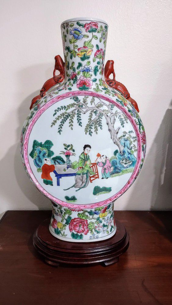 Chinese Porcelain Famille Rose Medallion Moon Flask Vase;17" Tall.