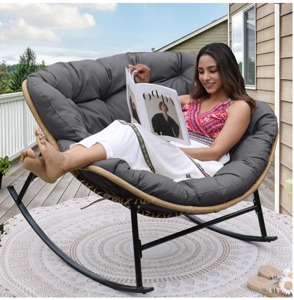 Indoor Outdoor Papasan Rocking Chair with Padded Cushion, Oversized Patio Balcony Rocker Chairs, All-Weather Wicker Egg Royal Chair, Wide Cozy Comfy R