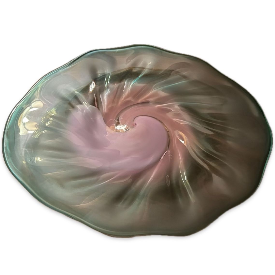 Vintage Lawrence Ruskin 1991 Signed Bowl Art Glass Ombre Coral Pink To Seafoam Swamp Platter Tray Fantasy Pond Lily Pad Water Hyacinth