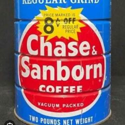 VINTAGE CHASE & SANBORN COFFEE METAL TIN, REGULAR GRIND, VACUUM PACKED, 2 LBS