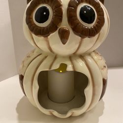 Large ceramic owl faux candle holder. Fall decor. MCM / cottage. 12x9.5 inches. Good condition.