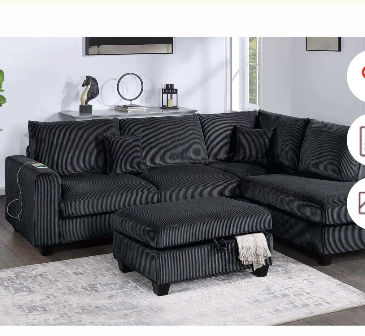Sectional SofaChaise With Ottoman Storage USB Available I Ivory, Gray,Dark Corduroy,Gray,Black 106"X76"
