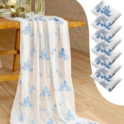 Tranqun 6pcs Blue & White Tablecloth Floral Embroidered Tablecloth Tulle 76.2 x 30.4cm Flower Transparent Tablecloth Chinese Style Decoration Seasonal