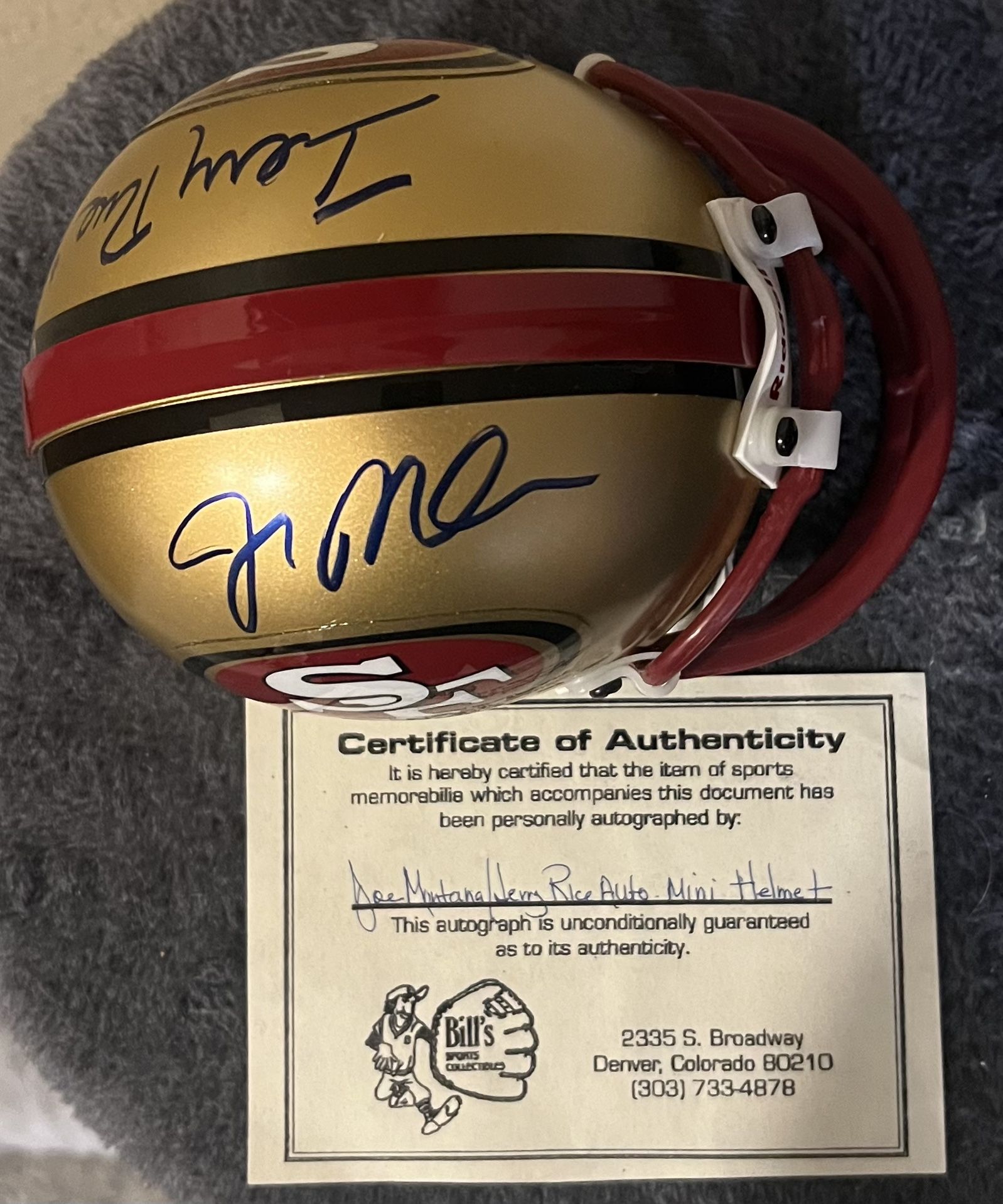 Joe Montana and Jerry Rice-Signed Mini Helmet-COA-Bills Sports Collectibles