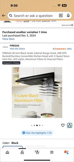 Never Used Box Unopened 36” Fire Gas Stove Vent Hood Black