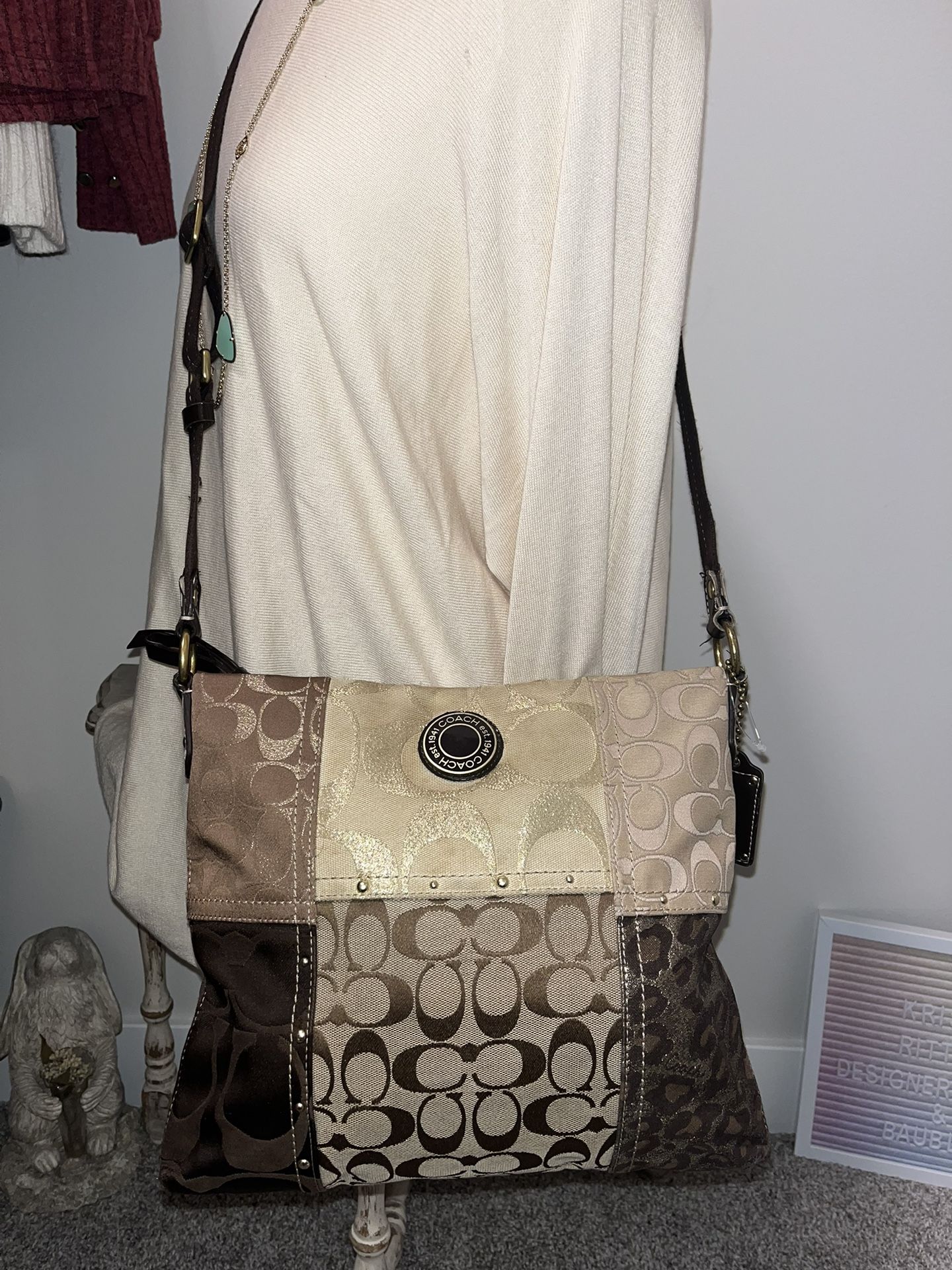 COACH Studded Patchwork Signature File Crossbody Shoulder Bag