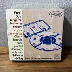 (2” PIECE SERVING SET OF FLORAL DOTS & THEY ARE MADE OF CERAMIC WHITE & BLUE)