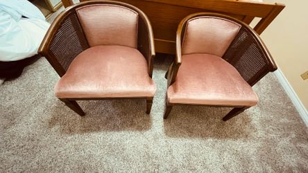 Pair of Vintage Cane Barrel Chairs with Pink Upholstery