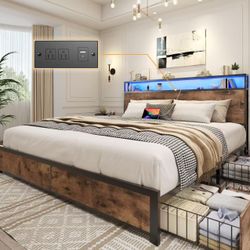 Queen Bed Frame with 2-Tier Storage Headboard, Metal Platform Bed Frame with 4 Storage Drawers $150