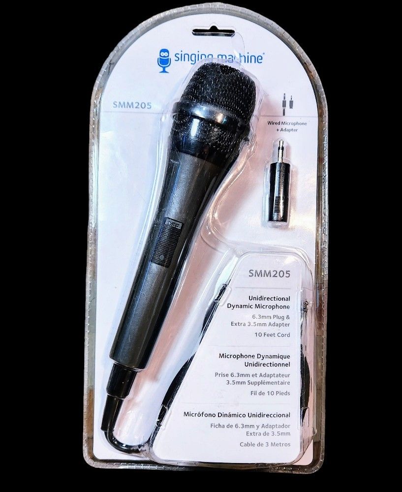Singing Machine SMM-205 • Unidirectional Dynamic Microphone • 6.3-mm plug / Extra 3.5 -mm Adapter • 10-Ft. -Cored Adapter • 10-Ft. Cord • Creating Joy