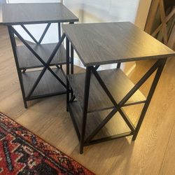  Set of 2 Modern End Tables – Dark Wood & Black Metal, 3-Tier Storage