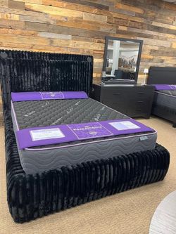 Luxurious plush corduroy upholstered bed features wireless speakers & charger