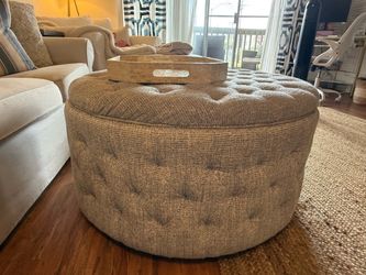 Large Round Tufted Upholstered Ottoman with Storage