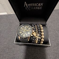 Men's Chronograph Dial Quartz Black Leather Strap Watch, 46mm and Assorted Stackable Bracelets Gift Set, Set of 4