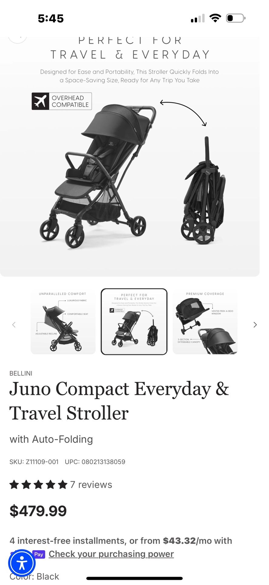 New Bellini Juno Compact Everyday & Travel Stroller / Compact Stroller 