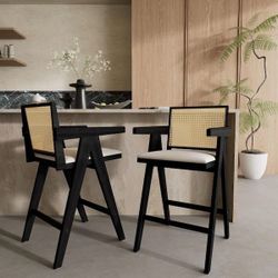 Black Wood Cane Back Bar Stools Set of 2