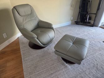 Modern Gray Leather Swivel Recliner with Ottoman Like New Condition