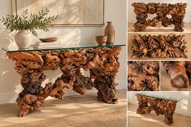 Vintage Sculptural Burl Root Console Table w/ 60" Glass Top - One of a Kind