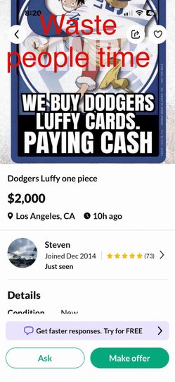 Dodger Luffy Card (Seller Steven)