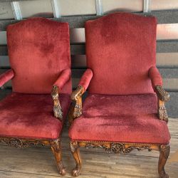 Vintage Red Upholstered Accent Chair With Carved Wood Arms & Legs 