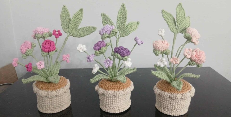Handmade Crochet Flowers In Pot
