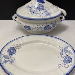Set of 2 Blue and White Floral Soup Stew Tureen 13"W  with Ladle Spoon & Serving Dish Platter 13.5"W - Italy