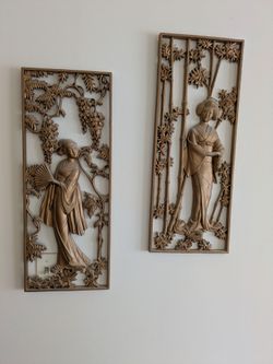 Vintage Burwood Carved Geisha Girls.  Wall Art.
