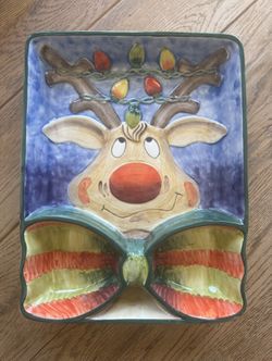 Clay Art Hand painted Reindeer Chip & Dip Serving Platter Vintage