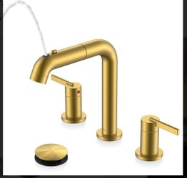 Brushed Gold Pull Down Bathroom Faucet, 8 Inch 2 Handle Widespread Bathroom Faucet 3 Hole with Pull Out Sprayer, Bathroom Sink Faucet with Pop Up Drai