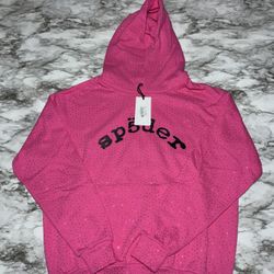 Sp5der VVS Pink Rhinestone Hoodie Size Small Black Logo New With Tags