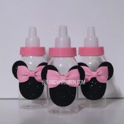 12 pink Minnie Mouse baby shower bottle favors