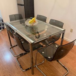 MOVING SALE! IKEA Glass Steel Dining Table Set 7 Piece   (1 Table ,6 Chairs)