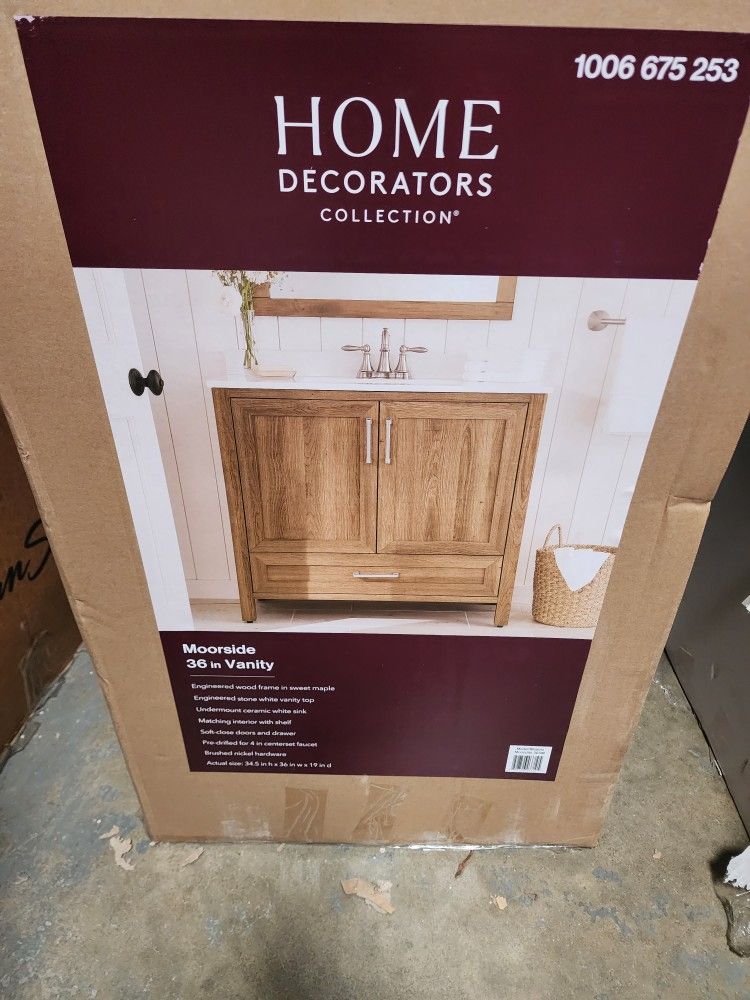 Home Decorators Collection
Moorside 36 in. W x 19 in. D x 34 in. H Single Sink Bath Vanity in Sweet Maple with White Engineered Stone Top