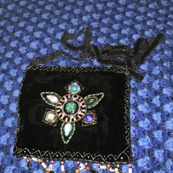 Vintage Y2K Black Velvet Boho Crystal Stone Hippie Beaded Tassel Shoulder Purse