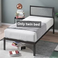 Twin Metal  Bed Frame with Upholstered Headboard, Wood Slat Support, No Box Spring needed