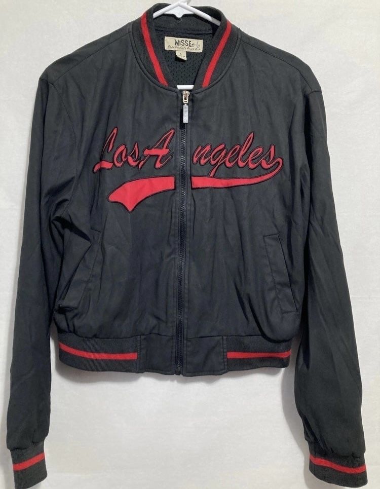 Vintage 80s Los Angeles Bomber Jacket Womens Full Zip BLk/Red MEDIUM By WISSE