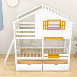 Twin Over Twin 2 Drawers Wooden Bunk Bed With Storage Box