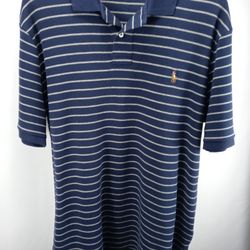 Ralph Lauren Mens XL Striped Polo Shirt. Good condition blue & gray striped polo shirt. Signature RL quality and construction with a multi colored pol