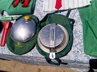 Vintage girl scout uniforms pocket knife mess kit sash beret patches books
