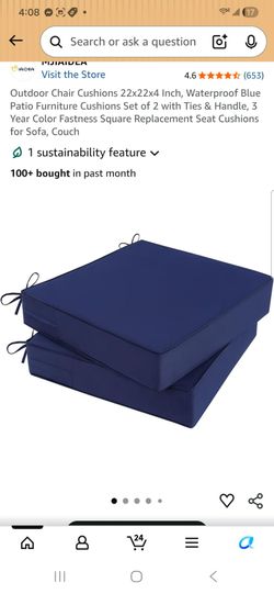 Outdoor Chair Cushions 22x22x4 Inch. Waterproof Blue Patio Furniture Cushions Set of 2 with Ties & Handle, 3 Year Color Fastness Square Replacement Se