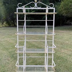 Vintage Mid Century French Style Bakers Rack Plant Stand Acrylic Shelves Tubular Metal Structure With Gold Accents