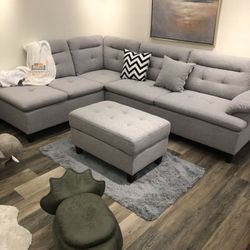 Brand New Light Grey Left Facing Sectional Sofa + Storage Ottoman (New In Box) 