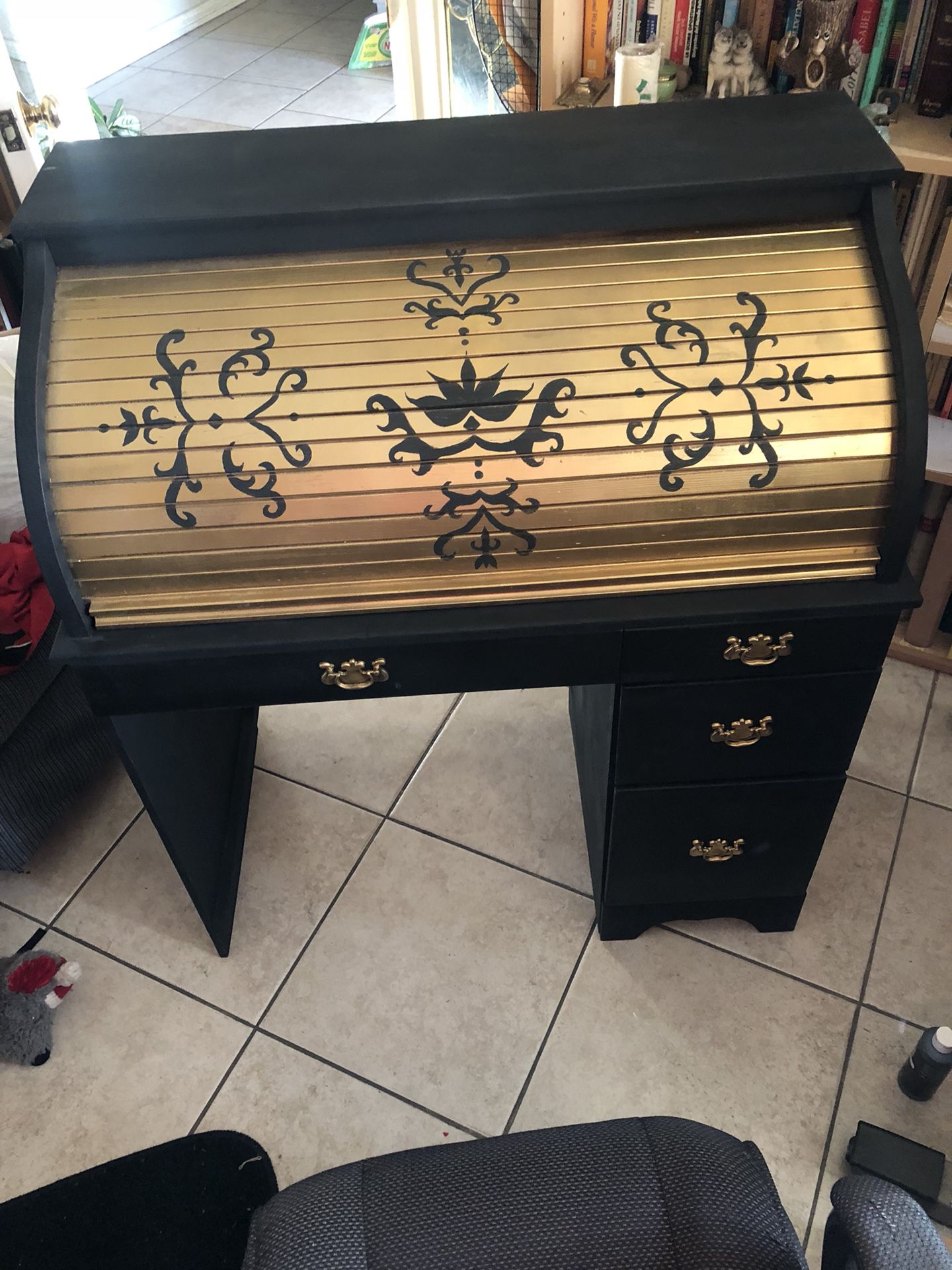 Hand painted black and gold vintage roll top desk with shelves inside