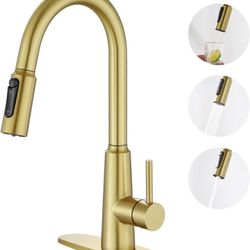 Gold 3 Way Kitchen Faucet for RO System, 3 in 1 Drinking Water Faucet, Faucet Water Filter with Pull Down Sprayer for Sink 3 Hole, Brushed Gold
