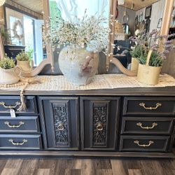 Charcoal Grey & Gold Vintage Farmhouse Style 9 Dr Dresser / Sideboard 