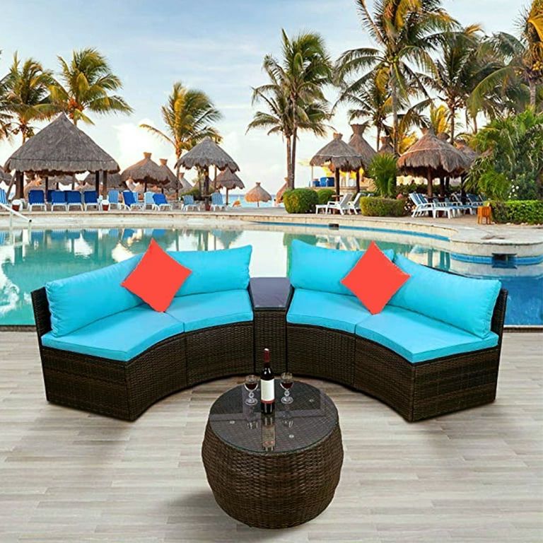 4-Pc Outdoor Patio Rattan Sectional  Half-Moon Sofa Set w/ 2-Loveseats / Round Table / Blue Cushions  [NEW IN BOX] <Assembly Required> 